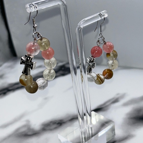 Chic Beaded Cross Earrings in Pink and Gold - Picture 1 of 3